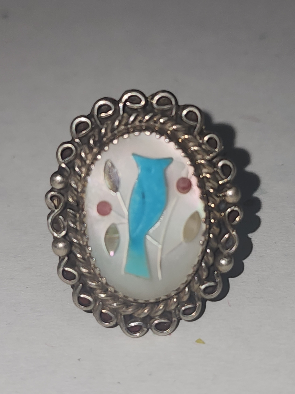 Zuni Sterling Signed Turquoise Inlay Bird Oval Statement Ring